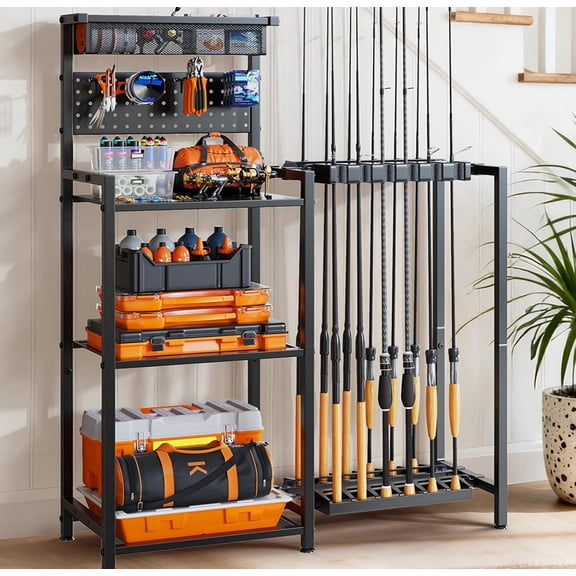 Fishing Rod Holders for Garage, Fishing Pole Rack with 3 Tier shelf, Heavy Duty Fishing Pole Holders with Pegboard and Basket, Freestanding Fishing Rod Rack Hold up to 12 Fishing Rods, Black