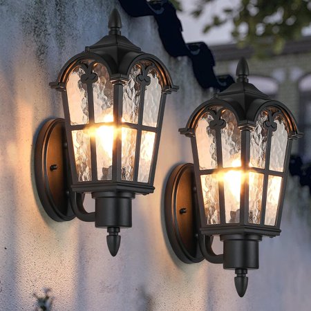 Outdoor Wall Light Fixtures Wall Mounted, Exterior Waterproof Porch Lights Wall Lanterns, Outside Wall Sconces with Water Ripple Glass for House Front Door Garage, Retro Vintage Style, 2 Pack