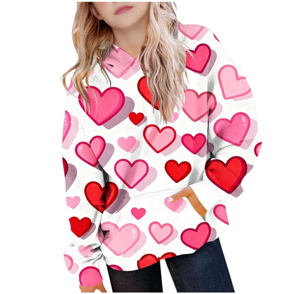 Sudadera con capucha para niña, para el Día de San Valentín, con estampado de color, de manga larga, informal, deportiva, con capucha, de manga larga, con inserciones en los hombros, blusa de poliéste