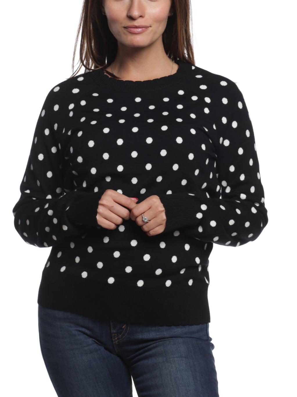 white sweater with black polka dots