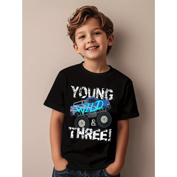 young and three monster truck boy t shirt for a 3rd birthday