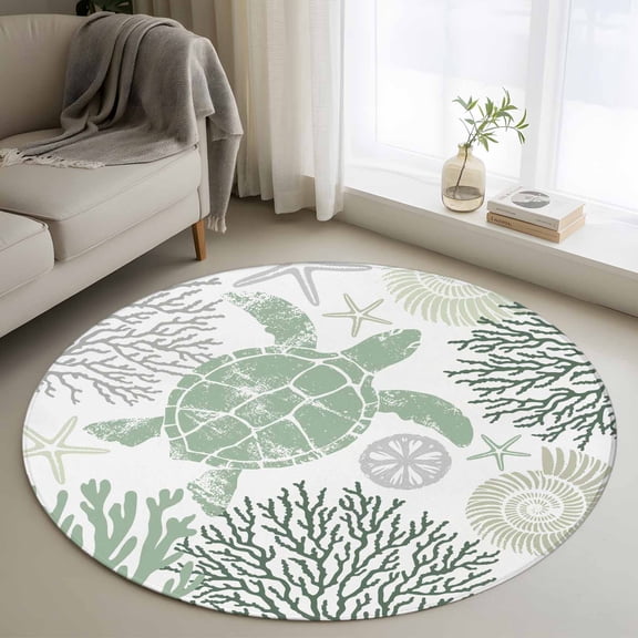 Sage Green Coastal Turtle Round Rug 3.3ft Washable Circle Entryway Rugs Non Slip Ocean Coral Nautical Area Rug Indoor Floor Carpet for Bedroom Kitchen Living Room Home Office Dining Room Nursery
