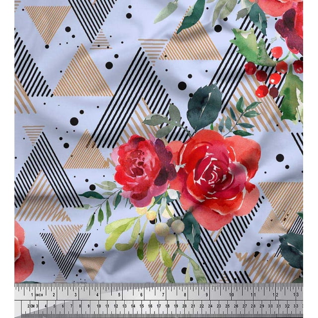 Soimoi Blue polyester Crepe Fabric Geometric,Leaves & Begonia Floral Decor Fabric Printed Yard 52 Inch Wide