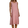 thumbnail image 2 of Summer Dresses for Women Crewneck Mid Sleeve Linen Midi Dress Loose Striped Sleeveless Casual Holiday Beach Sundress Size S-2XL, 2 of 6