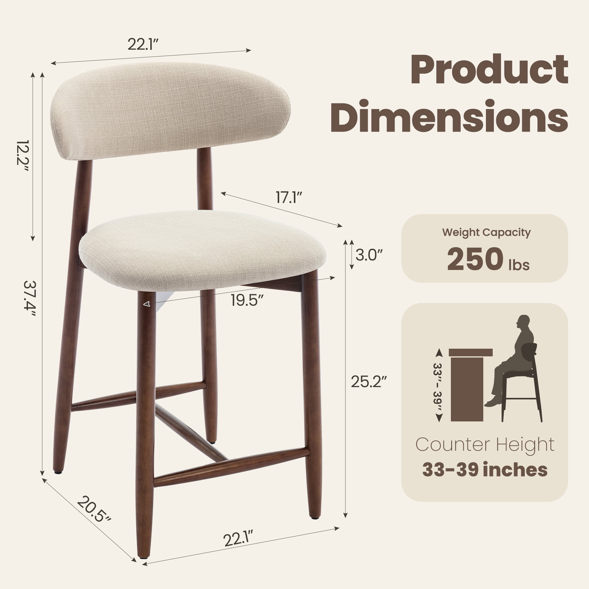Mid Century Modern Kitchen Bar Stools Set of 2, Counter Height Stools with Curved Back and Wooden Frame,Upholstered Seat Beige