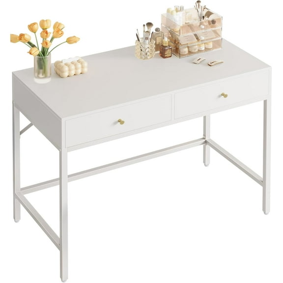 SUPERJARE Vanity Desk with Drawers, 47 inch Computer Desk, Modern Simple Home Office Desks, Makeup Dressing Table for Bedroom - White and Gold