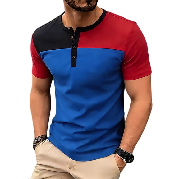 TEAJOPSUU Men's Henley Short Sleeve T-Shirt Summer Casual Solid Color Slim Fit Half-Button Top For Everyday, Weekend Outdoor & Casual E-Blue