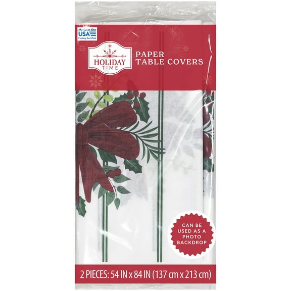 Christmas Holly Disposable Paper Tablecloth, Red and Green, 54" x 84", 2 Count, by Holiday Time