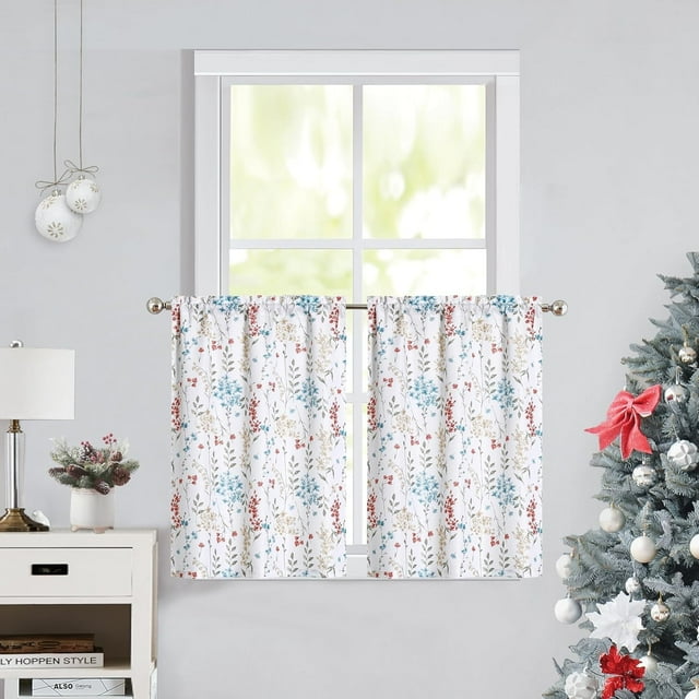 Watercolor Floral Cafe Curtains 36 Inches Length, Flower Printed Pattern Farmhouse Rod Pocket Tier Curtains for Kitchen Leaf Pattern Short Window Curtain Treatment, Colorful, 28" W x 36" L,Set of 2