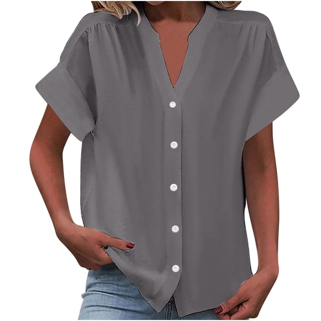 Timegard Short Sleeve Tops for Women Summer V-Neck Button down Shirts Solid Color Office Casual Loose Tops