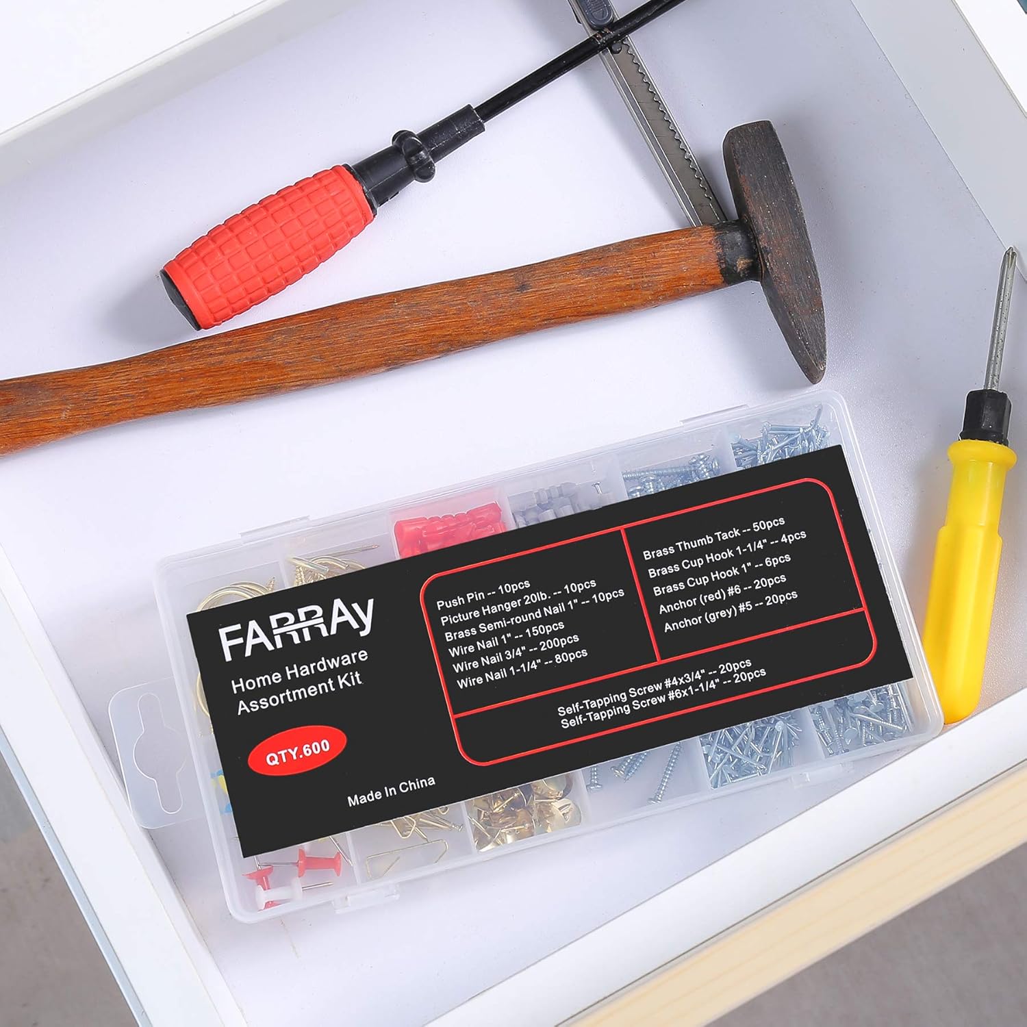 Repair and Wall Hanging Kit: Screws, Nails, Drywall Anchors, Picture Hangers, Cup Hooks, Push Pins, Thumb Tacks, 600pcs