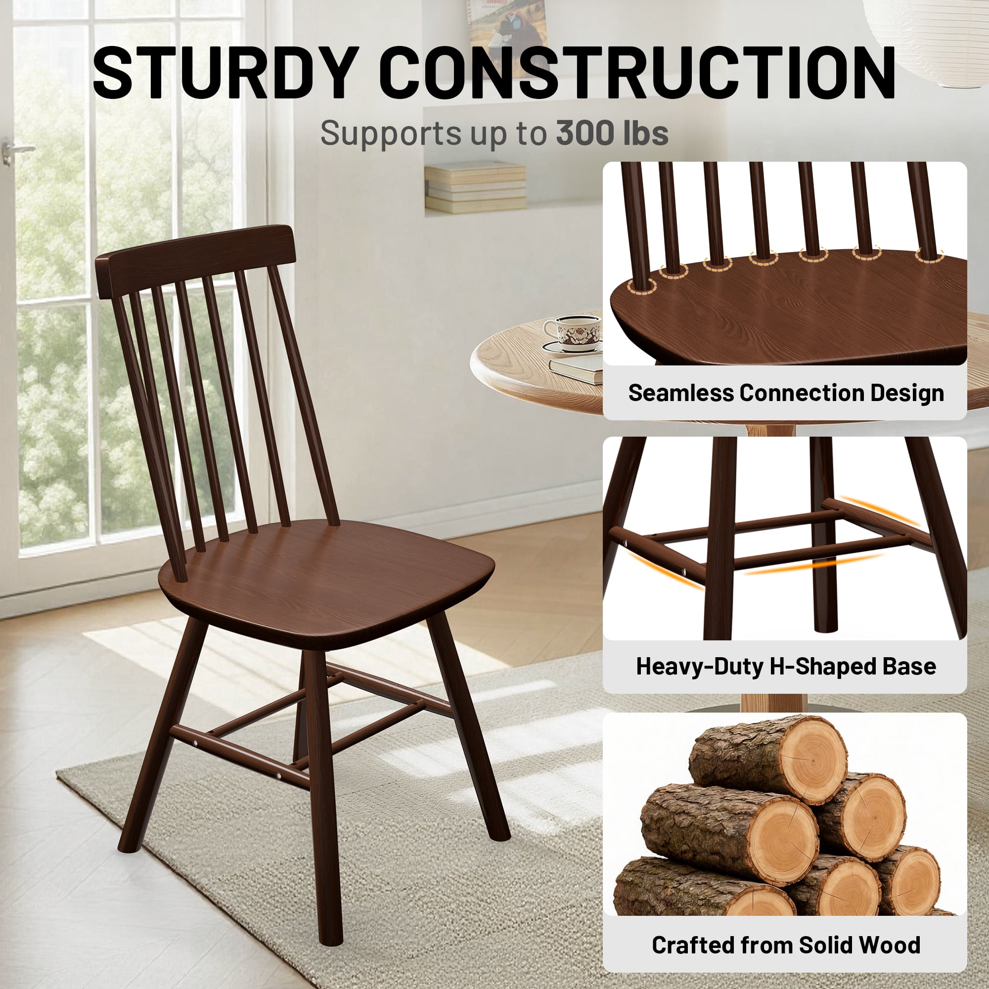 Dhole 7-Spindle Narrow Back Windsor Dining Chairs, Set of 2, Solid Hardwood Kitchen & Dining Room Seating, Brown