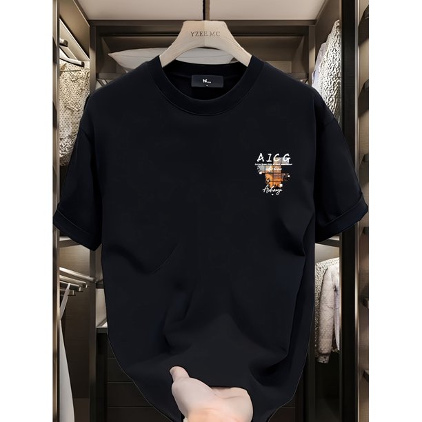 Camiseta gráfica de algodón para hombre - Corte holgado informal, manga corta, cuello redondo, estampado de atardecer colorido, prenda esencial de verano para uso diario | Camiseta gráfica moderna | E