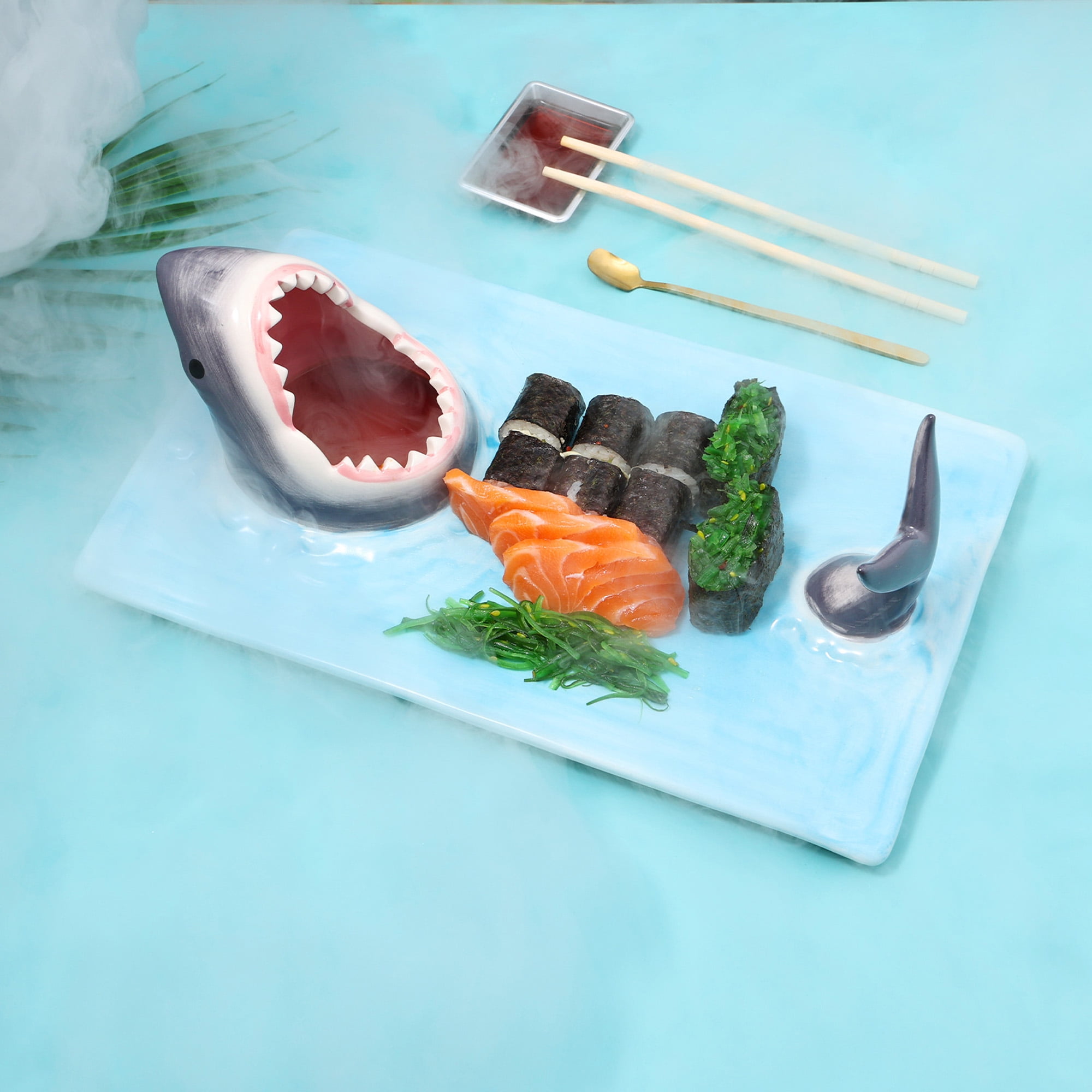 Relaxing Garden 6 Piece Sushi Plate Set, 10-Inch Ceramic Rectangle Sushi Dishes, Sushi Serving Set for 2, with 2 Sushi Plates 2 Sauce Bowls 2 Pairs of