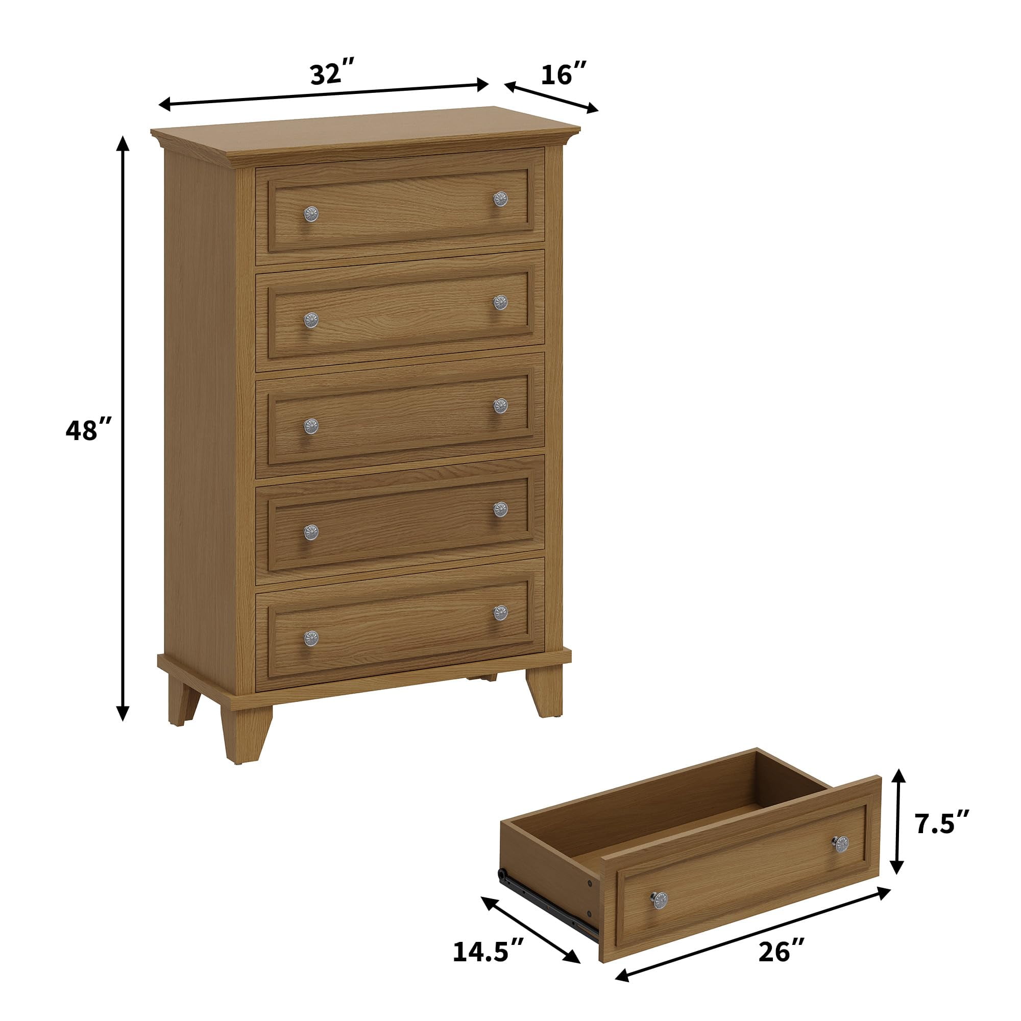 5 Drawer Dresser for Bedroom, 48" Tall Modern Chest of Drawers with Deep Drawers, Wood Storage Cabinet with Vintage Metal Handles for Living Room, Hallway, Brown