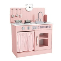 LAZY BUDDY Play Kitchen, Wooden Kids Kitchen Playset Pretend Toy for Toddlers with 5pcs Cookware Accessories, Hooks & Ample Storage