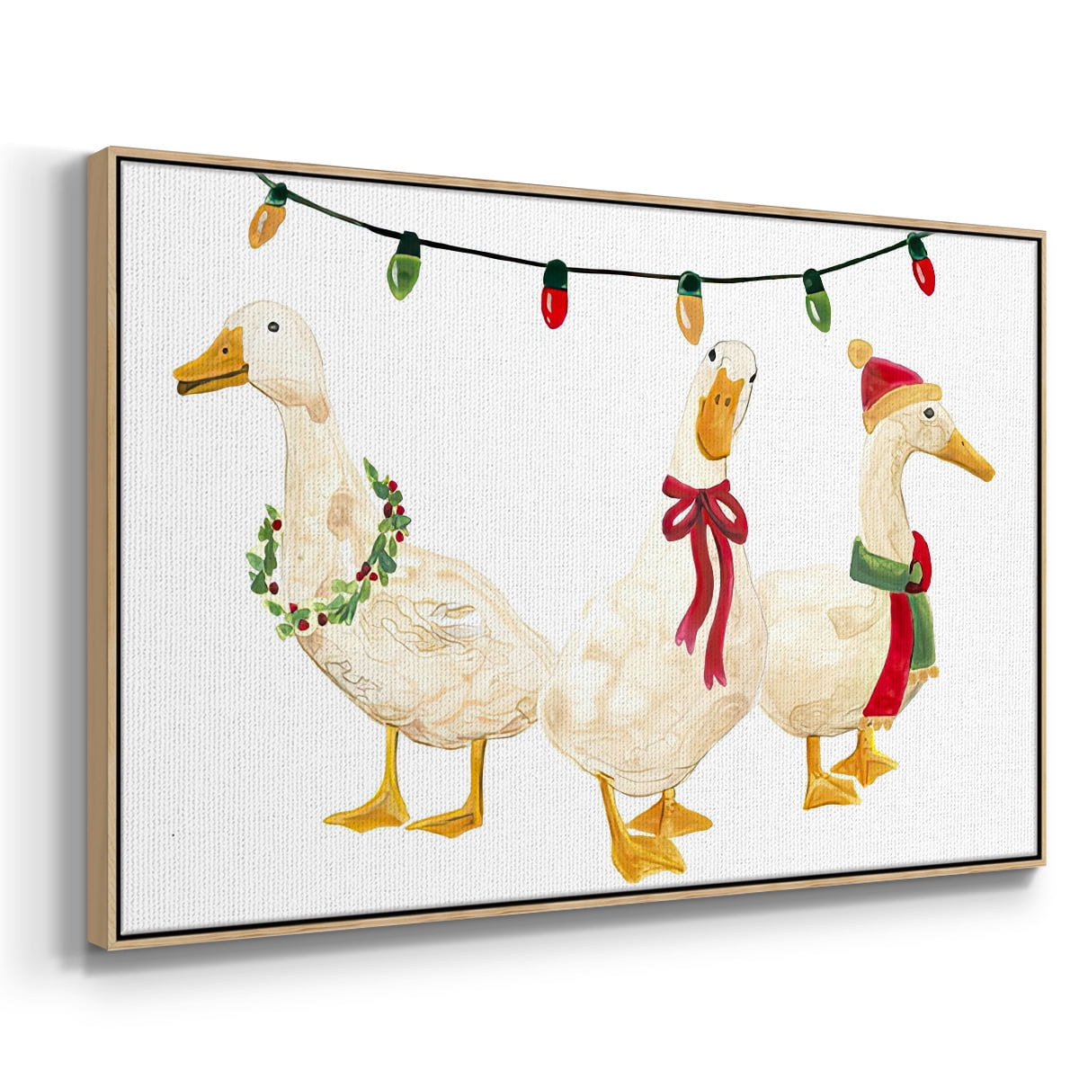 Merry Quackmas Collection A - Framed Gallery Wrapped Holiday Canvas - 17 x 25 - Natural Wood Frame