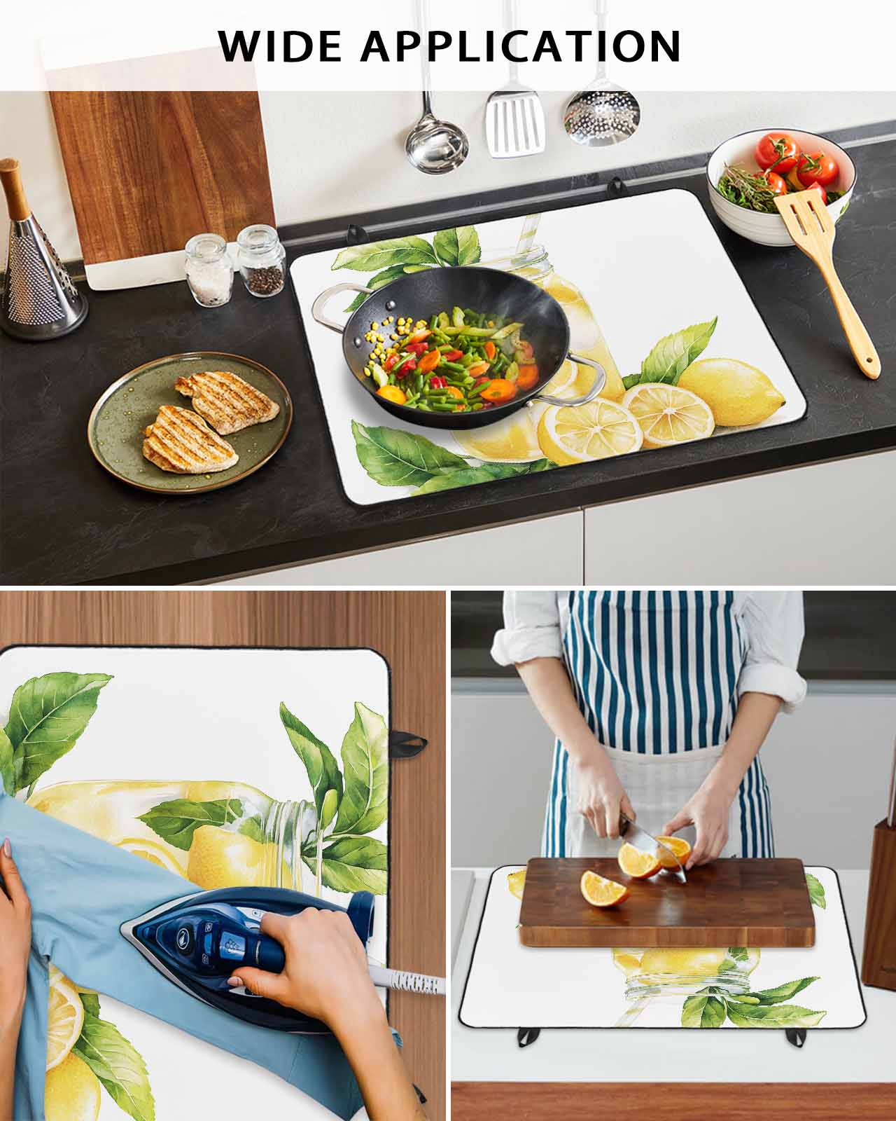 nqOlkjepod Large Induction Cooktop Protector Mat 24"x21", Summer Lemon Stove Top Covers for Electric Stove, Yellow Fruits Green Leaf Watercolor Stove Burner Cover Mats, Glass Top Stove Cover