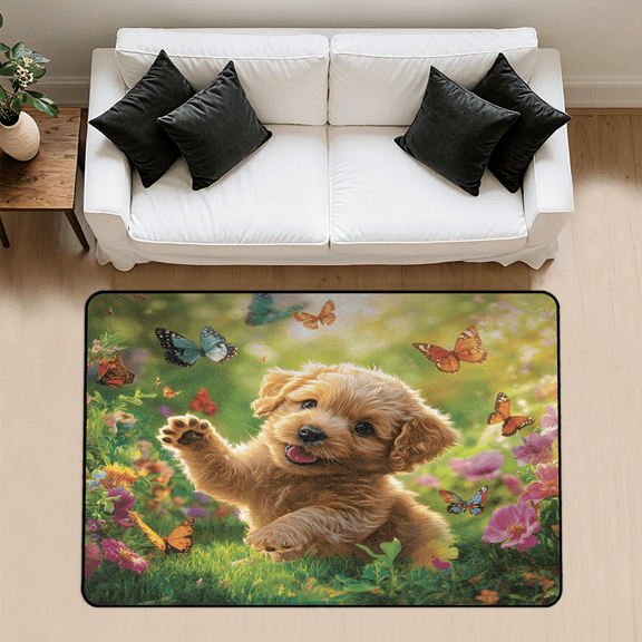 CURLYOOT Cute Dog with Butterfly Area Rug 3x5 Ft Rugs for Entryway Entrance Kitchen, Washable Non Slip Indoor Floor Carpet for Bedroom Living Room
