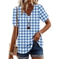 thumbnail image 2 of CIENVNSTG Plaid Tops for Women V Neck Short Sleeve Loose Tops Summer Casual Plaid Printed Tunic Shirts Daily Work Blouses Business Top Dark Blue S, 2 of 6