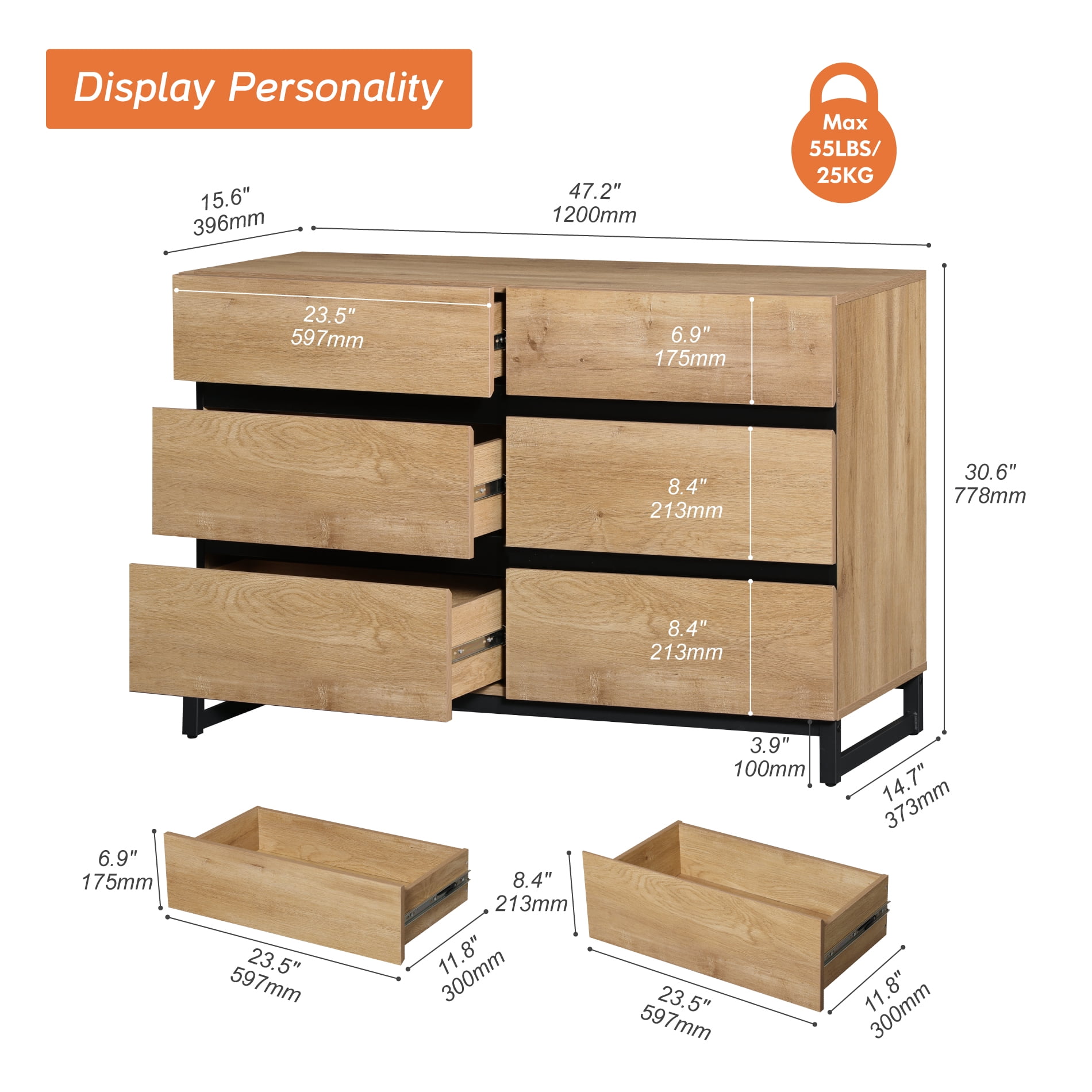 WAMPAT Modern 5-Piece Bedroom Furniture Set, 142 Inch Dresser with 18 Drawers & 2 Nightstands with Drawer and Cabinet Design, Oak