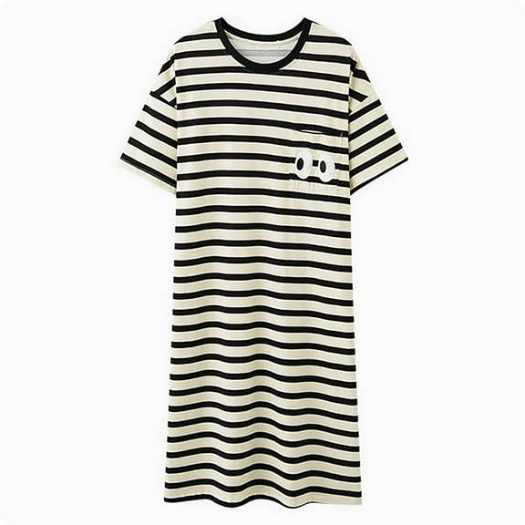 Tnhcen Women's Summer Cotton Stripe Short Sleeve Crewneck Mid-Length Sleepwear Dress | M-2XL | Cute Pajama Loungewear