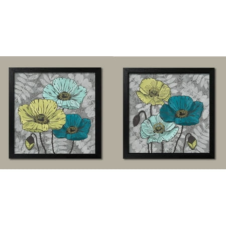 - 2 Teal and Green Poppy and Bud Floral Set; , Two 12 by 12-Inch Black Framed Prints