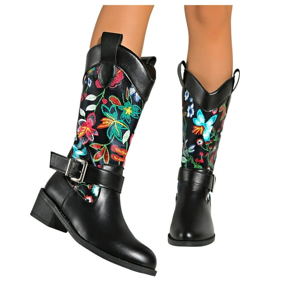 Rokment Womens Vintage Floral Wide Calf Cowboy Dress Boots Beach Casual Flower Buckles Chunky Mid Heel Western Cowgirl Tall Boots