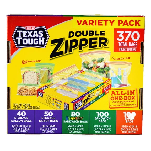 HEB Texas Tough Double Zipper Storage Bags Variety Pack - 370 ct