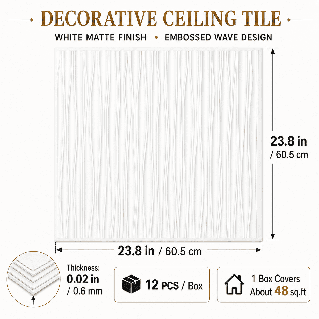 Yeslife 2 x 2 ft Drop Ceiling Tiles, 12 Pack, White PVC 3D Wall Panels, Covers 48 Sq Ft
