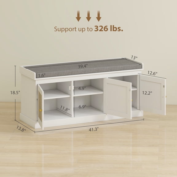 SSLZ Bench Bench, White Shoe Storage with Woven Rattan Doors, Cushion, Adjustable Shelves, Entryway