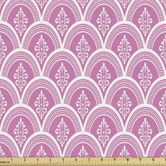 Baroque Fabric by the Yard Upholstery, Monochrome Illustration with Damask Style Abstract Floral Motifs Inside Circles, Decorative Fabric for DIY and Home Accents, 2 Yards, Pink and White by Ambesonne