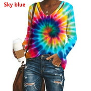 Women's Fashion V-neck Tie-Dyed T-shirt Printed Long Sleeve Loose Tops
