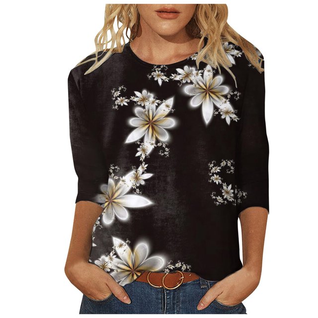 TSADFHJI T-Shirt à Manches Longues pour Femmes en Coton Hauts Mi-Longs Manches Trois-Quarts T-Shirts Graphiques T-Shirts Décontractés Col Rond Tunique S Blanc