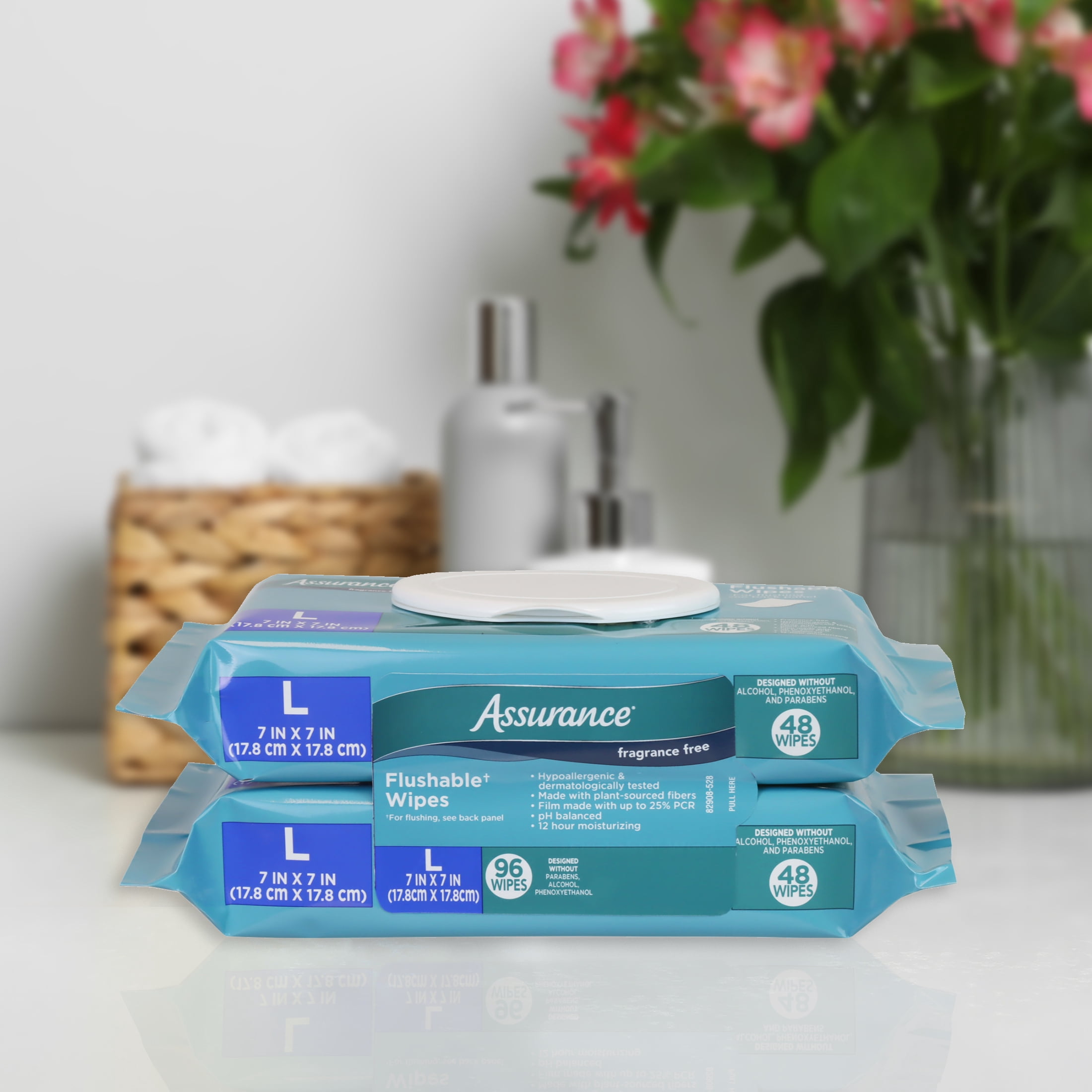 (4 pack) Assurance Large Flushable Wet Wipes, Fragrance Free, 48 Count, 2 Pack