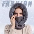 thumbnail image 2 of URMAGIC Winter Hats for Women, Warm Hooded Head Scarf Wrap Knitted Faux Fur Fleece Balaclava Hat with Drawstring Gray, 2 of 7