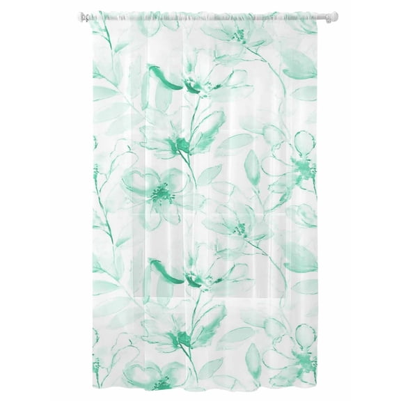 Sheer Curtains 84 Inches Long, Green Flower Semi Sheer Curtains Light Filtering Window Treatment, Watercolor Floral Botanical Line Drawing Print Privacy Voile Drapes for Living Room 52x84 Inch