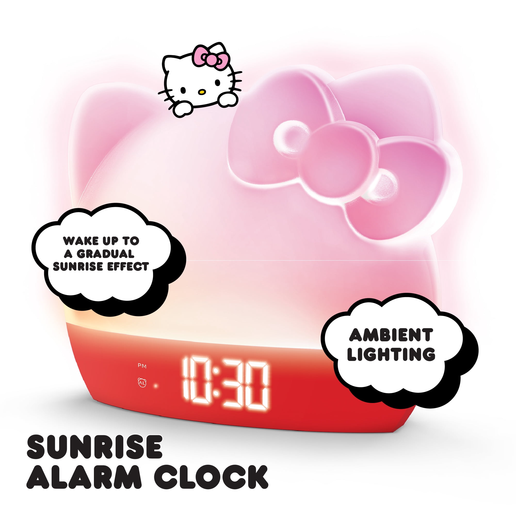 Hello Kitty Sunrise Alarm Clock with Wake-Up Light, RGB Color-Changing Night Light & Ambient Lamp, LED Time/Date/Temperature Display, USB Powered with Device Charging Port (Red)