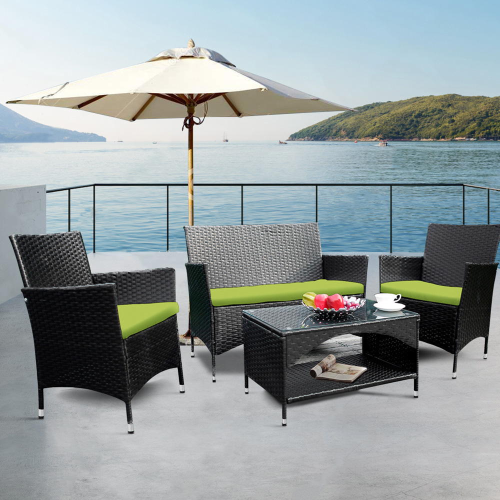 Outdoor Patio Conversations Set, YOFE 8 Piece Rattan Sectional Sofa Set 8 Seats, Outdoor Furniture Small Patio Set with 2 Table, 4 Armchairs, 2 Double Sofa, Black Wicker, Green Cushions, D3016 - image 5 of 14