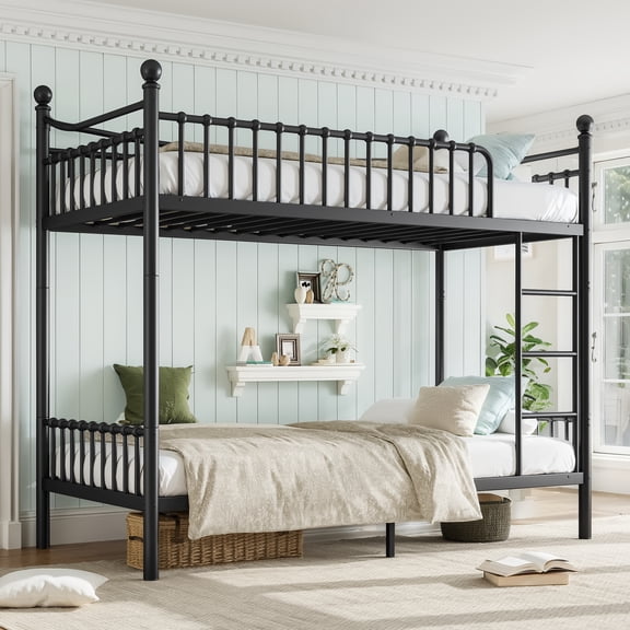 Harper & Bright Designs Twin XL over Twin XL Industrial Bunk Bed with Curved Guardrails, Heavy-Duty Metal Bunk Bed Frame with Under Bed Space, Black