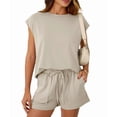 thumbnail image 2 of Womens Crew Neck Two Piece Short Sets Cap Sleeve Drawstring Summer Sweatsuit with Pocket Color XL, 2 of 8