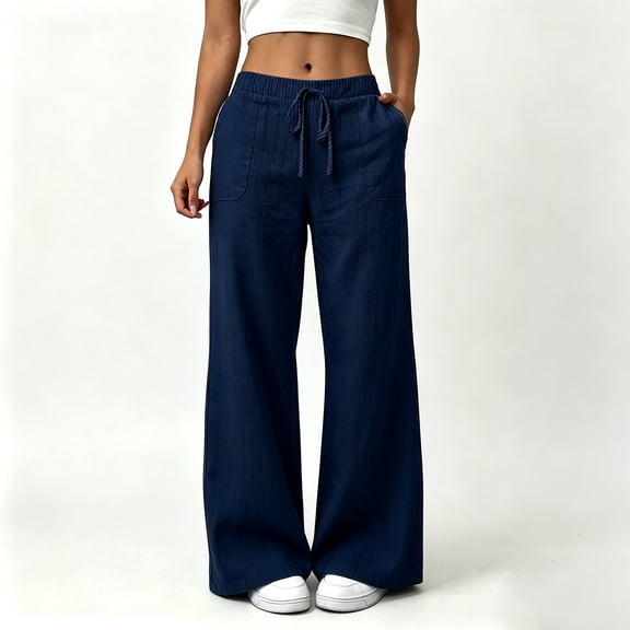 Ynynloco Womens Linen Pants Wide Leg High Waisted Pull On Drawstring Casual Baggy Flowy Pants with Pockets