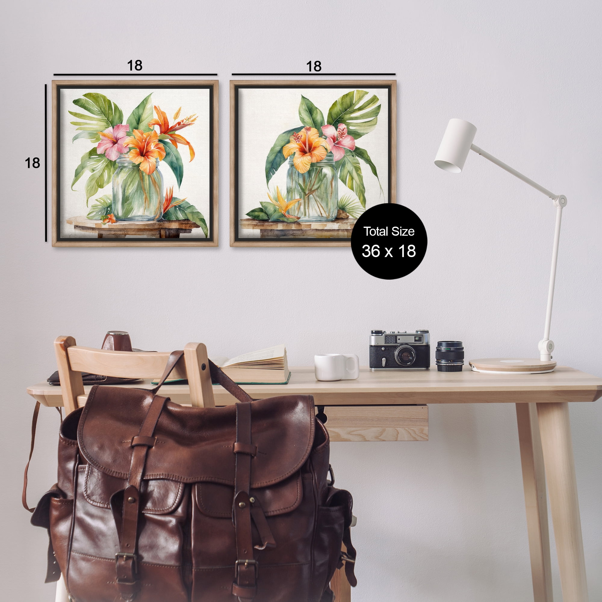 Stupell Industries Tropical Hibiscus Floral Jar Plants & Flowers Painting Brown Floater Framed Canvas Art Print Wall Art, 18 x 18, Set of 2