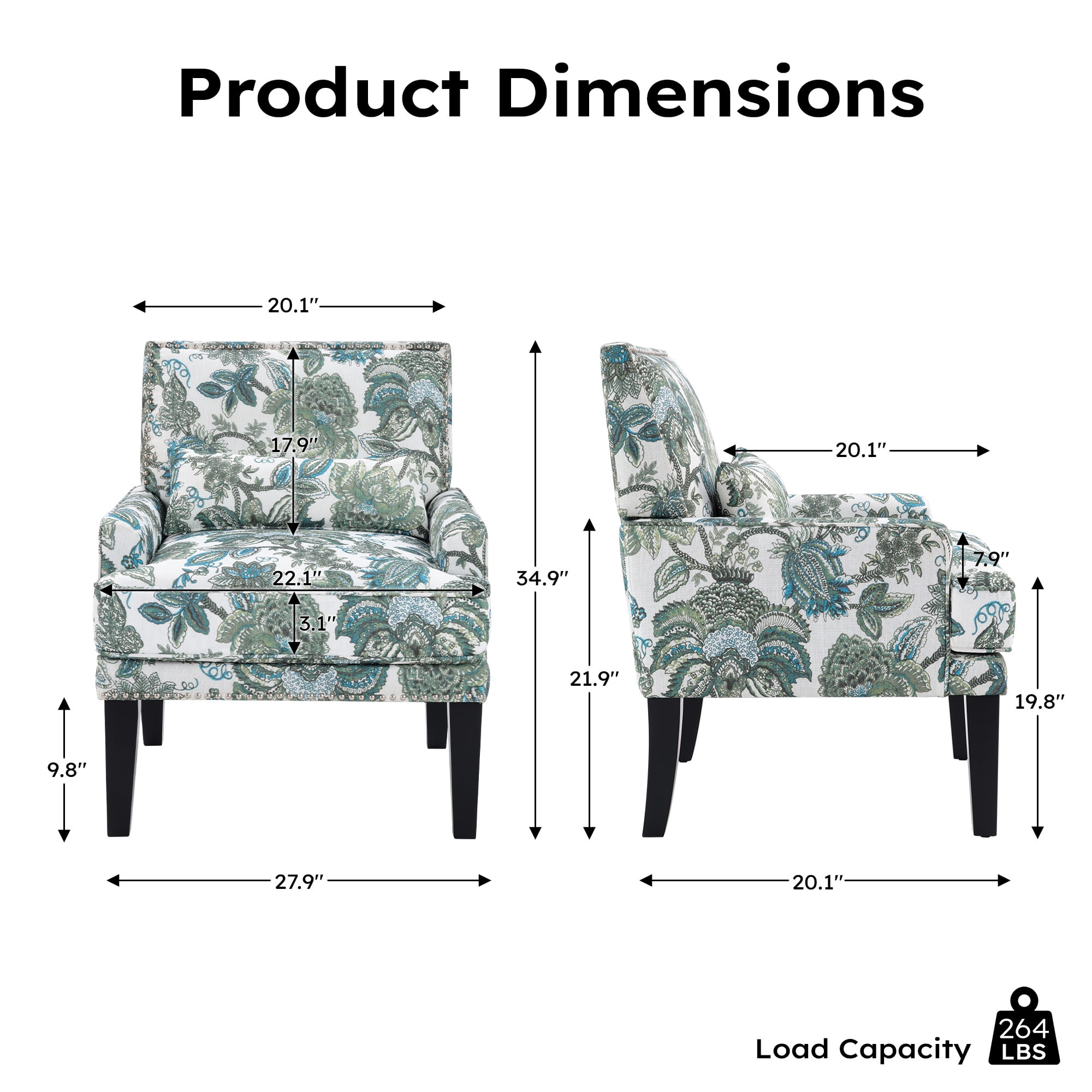 Bonzy Home Modern Floral Print Accent Chair with Arms and Wooden Legs, 2-Pack Mid‑Century High‑Back Wing Chair with Padded Armrests & Cushioned Seat for Living Room, Blue Green Floral