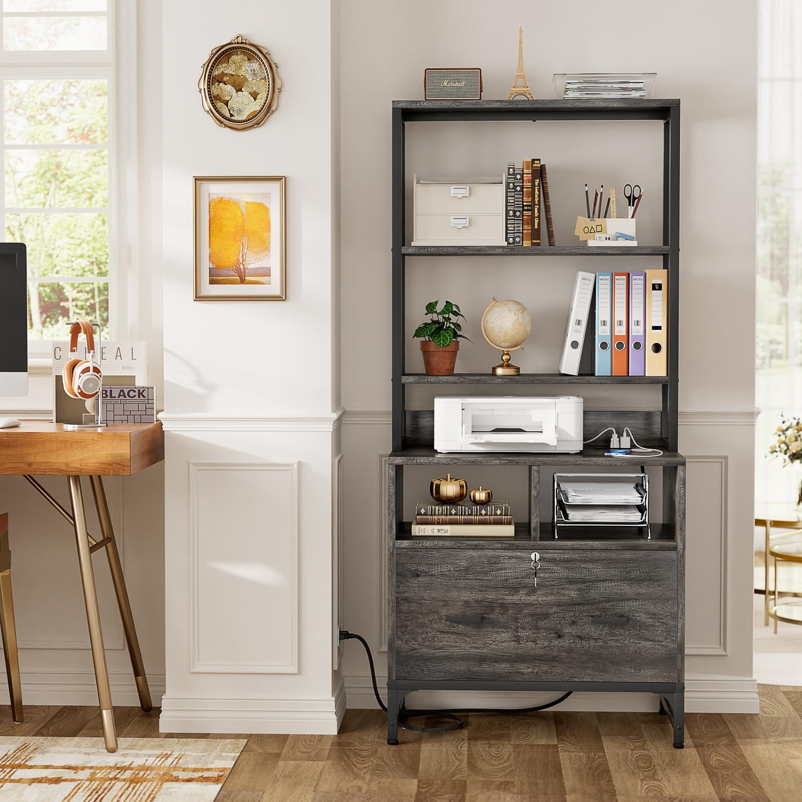 Homieasy File Cabinet with Charging Station for Letter/A4/Legal Size, Grey