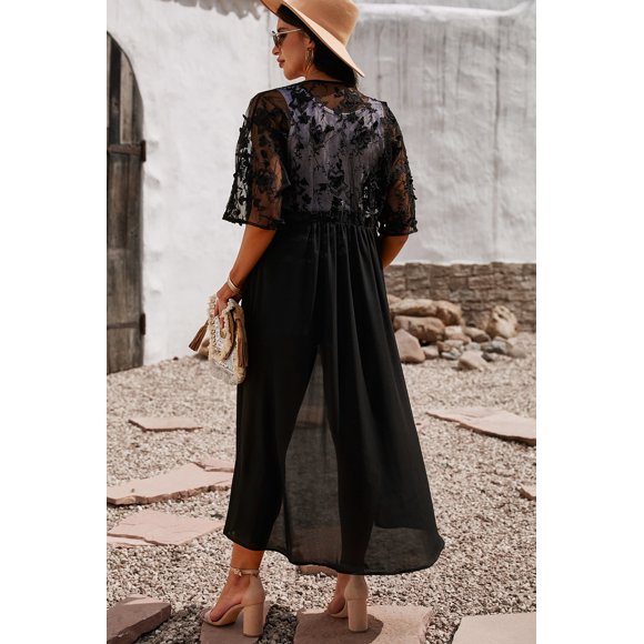 POGLIP Kimono Ouvert pour Femme en Dentelle Crochet à Mailles Florales Noires