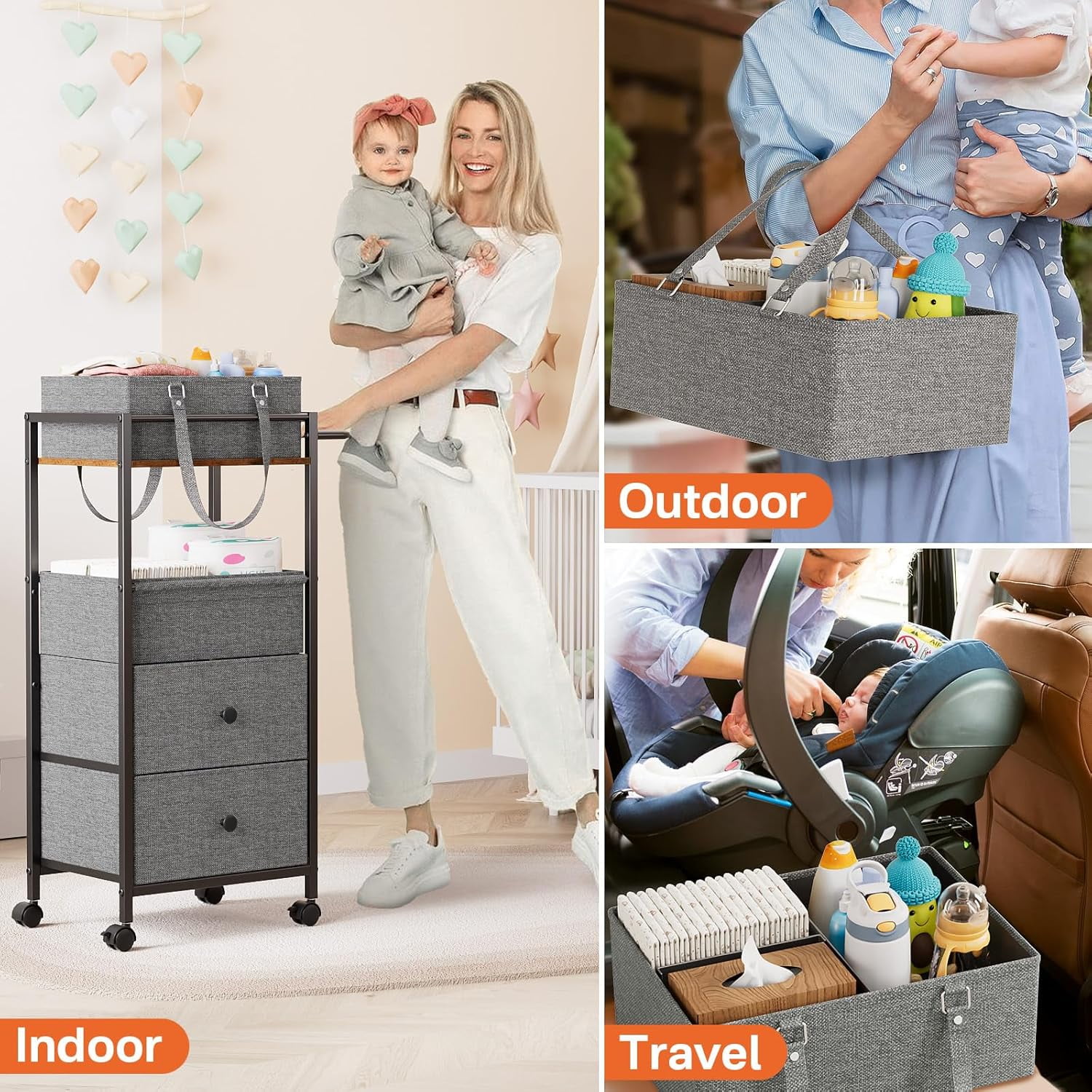 Diaper Caddy Organizer Cart with Drawers - 3In1 Rolling Storage Cart for Crib Bedroom Art &  (Black)