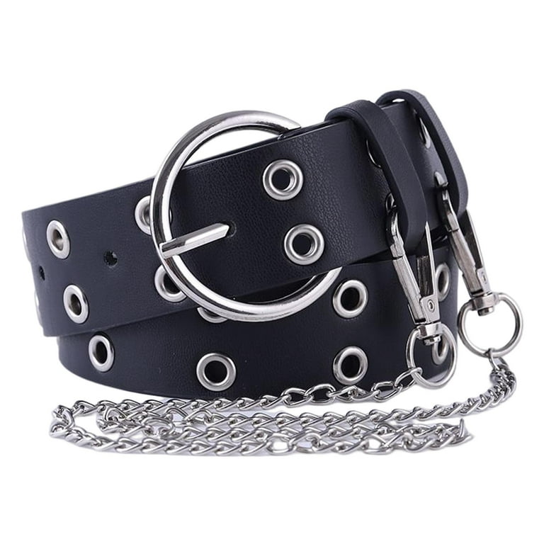 Gothic Double Grommet Belt with Chain Women Accessories Metal Buckle  Decorative Waistband Waist Cinch Belt Leather Punk Waist Belt Black