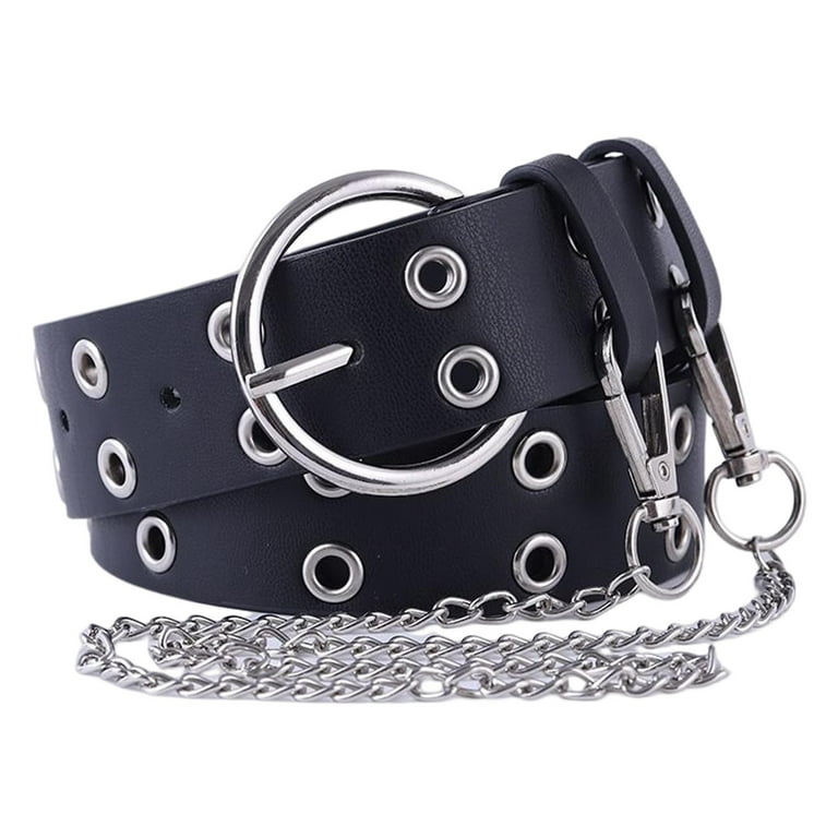 Gothic Double Grommet Belt with Chain Women Accessories Metal Buckle  Decorative Waistband Waist Cinch Belt Leather Punk Waist Belt Black