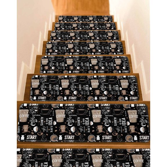 Black Coffee Stair Treads Non Slip Indoor for Wooden Steps, Modern Rustic Coffee Cup Beans 4 Pcs Stair Mats for Elders Dogs, 8 x 30 Inch Carpet Treads Runner Rugs for Staircase